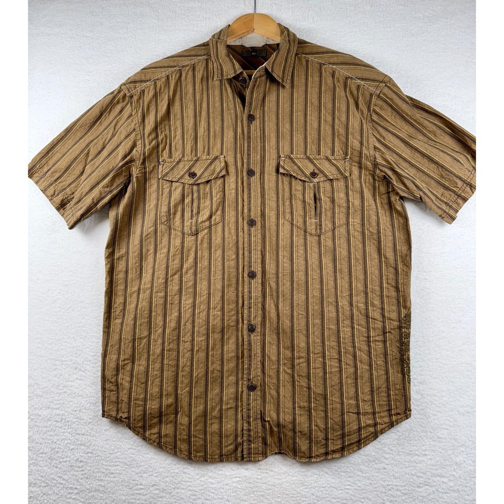 Rei Button-Up Shirt Men's‎ Large Brown Tan Organic Cotton Striped Short Sleeve
